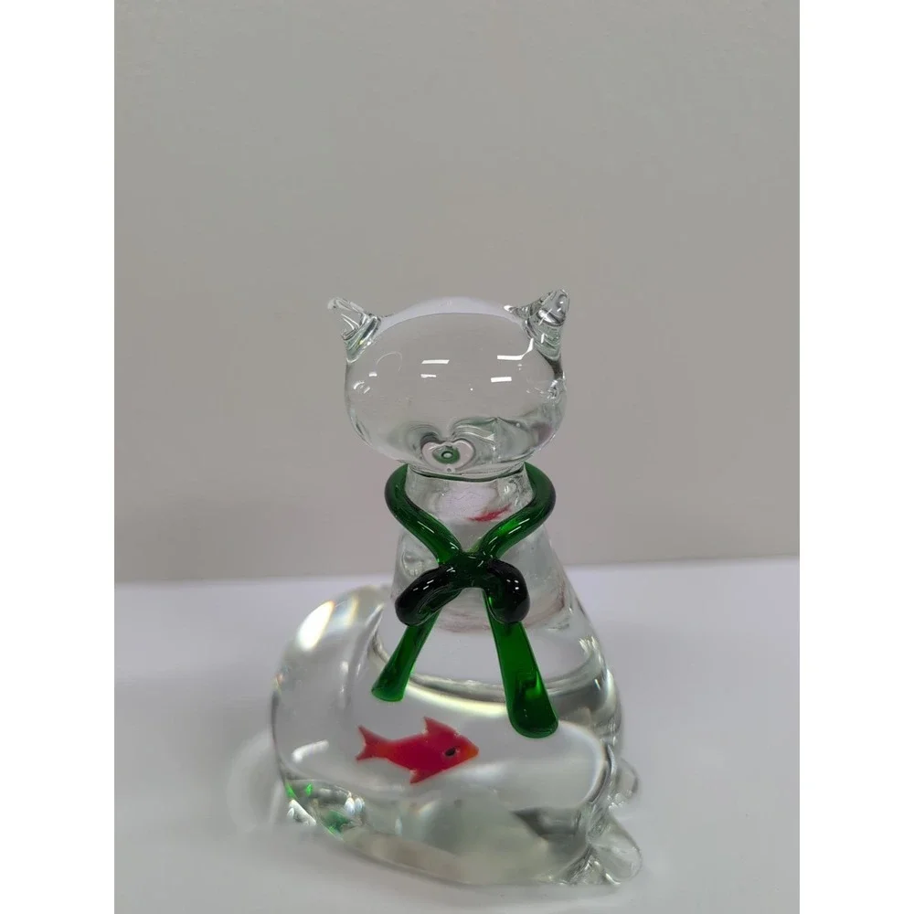 Studio Art‎ Glass Cat with Red Fish in Belly Green Bow Figurine Paperweight 5